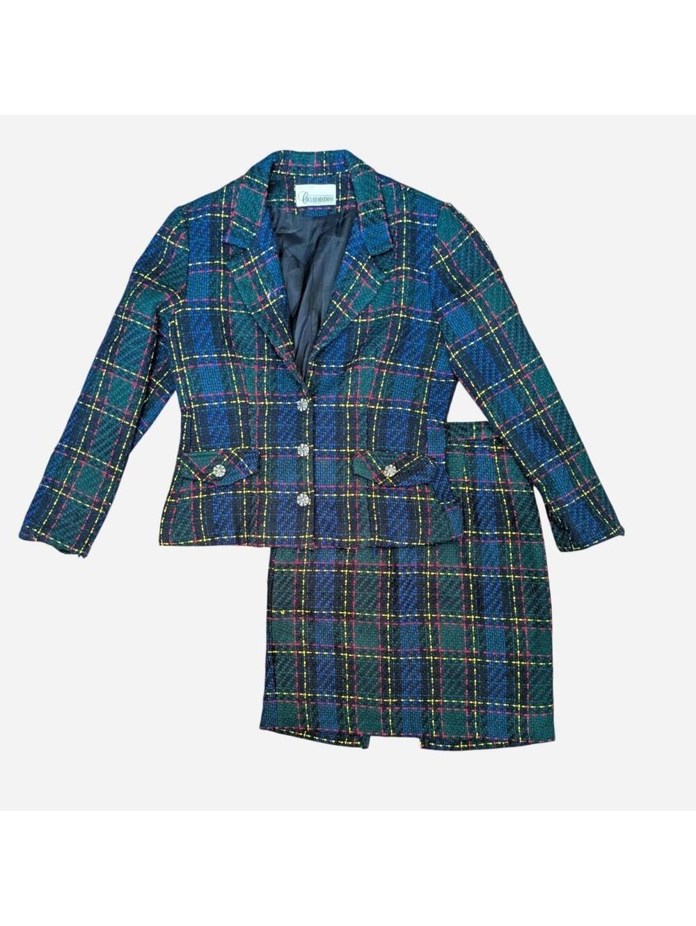 1980s Collaborations Boucle Plaid 2 Piece Skirt Jacket Size 8 Skirt Size 12